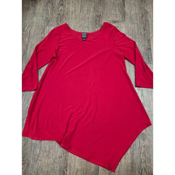 Clara Sun Woo Solid Red Asymmetrical Tunic Blouse Stretchy Made in USA Large - Picture 1 of 4